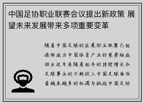 中国足协职业联赛会议提出新政策 展望未来发展带来多项重要变革